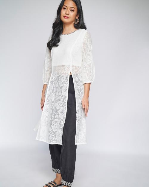 Floral Pattern A-Line Kurta with Front Slits