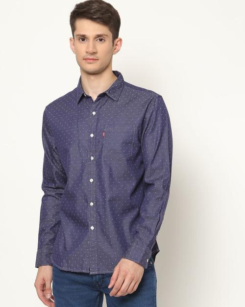 Micro Print Shirt with Patch Pocket