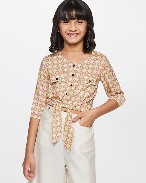 Geometric Print Top with Front Tie-Up