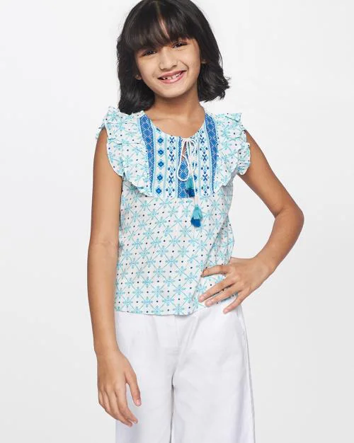 Geometric Print Top with Tasselled Tie-Up