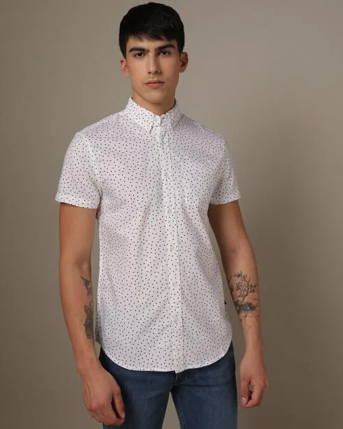 Polka-Dot Print Slim Fit Shirt with Button-Down Collar
