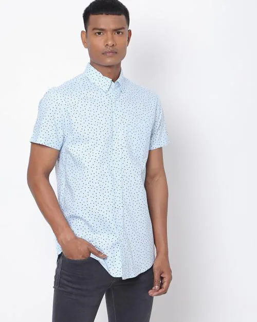 Polka-Dot Print Slim Fit Shirt with Button-Down Collar