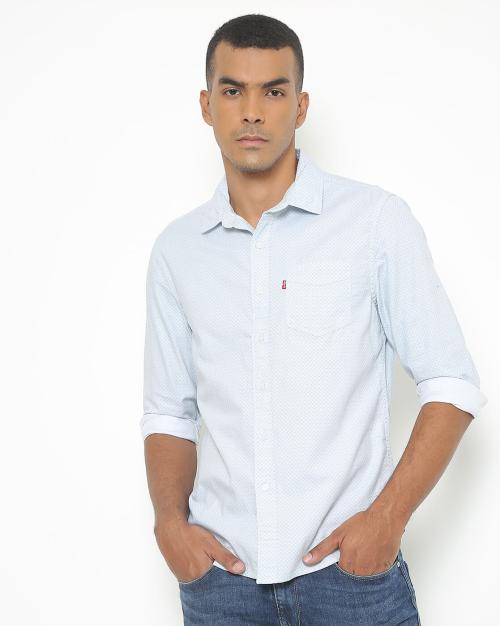 Geometric Print Slim Shirt with Patch Pocket