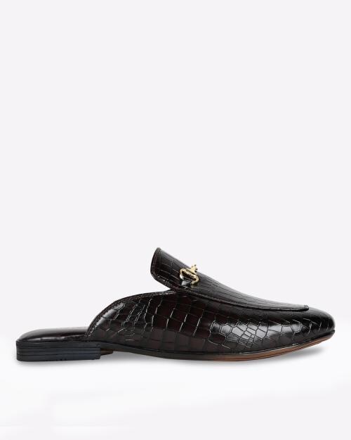 Croc-Embossed Mules with Metal Accent
