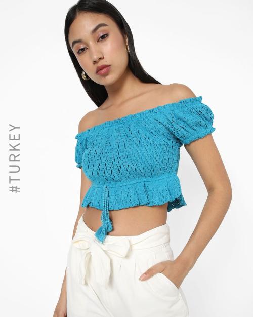 Knitted Crop Top with Off-Shoulder Sleeves