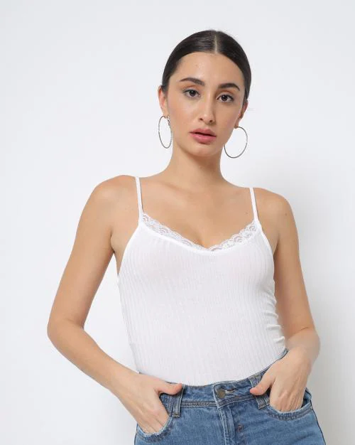 Ribbed Slim Fit Cami Top with Lace Accent JioMart