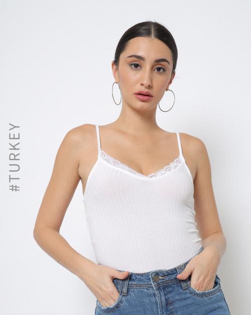 Ribbed Slim Fit Cami Top with Lace Accent