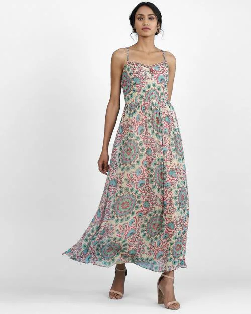 Floral Print Strappy Fit & Flare Maxi Dress