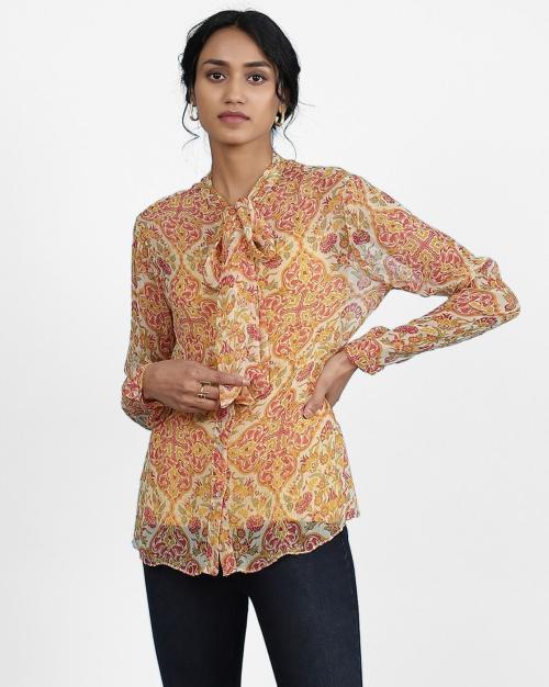 Fitted Printed Shirt with Band-Collar & Tie-Up