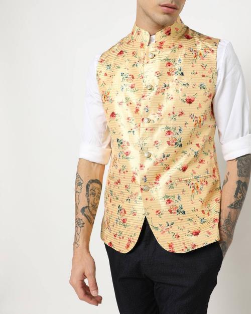 Floral Print Waistcoat with Welt Pockets