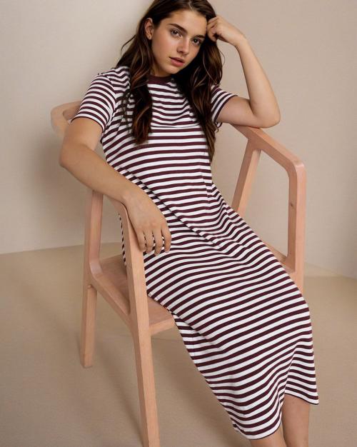 Striped Round-Neck Midi Sheath Dress
