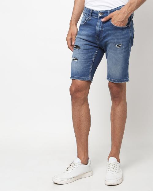 Lightly Washed Flat-Front Denim Shorts