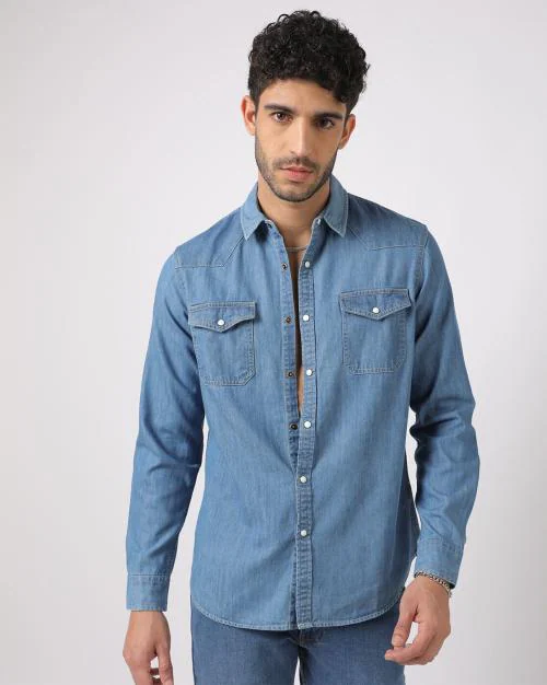 Men Slim Fit Denim Shirt with Flap Pockets