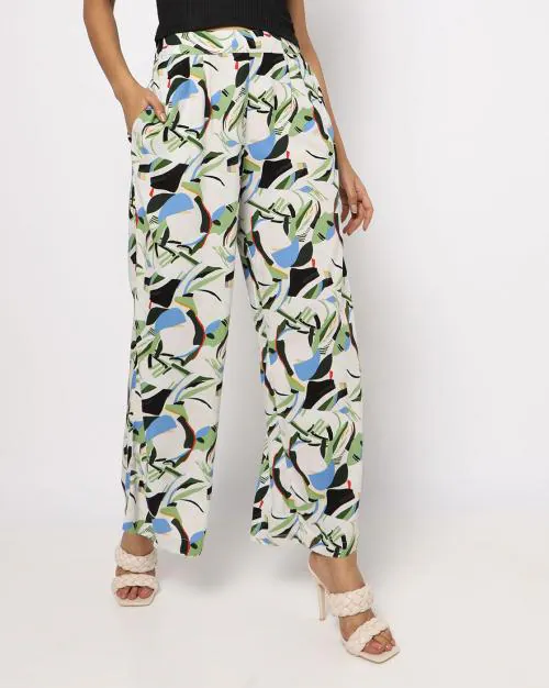 Printed Flat-Front Straight Pants