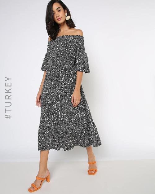 Floral Print Off-Shoulder Fit & Flare Dress