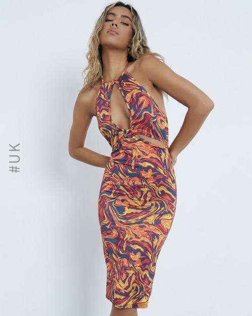 Printed Halter-Neck Bodycon Dress with Cutouts