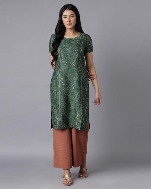 Foil Print Round-Neck Straight Kurta with Palazzo