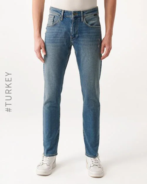 Mid-Wash Tapered Fit Jeans