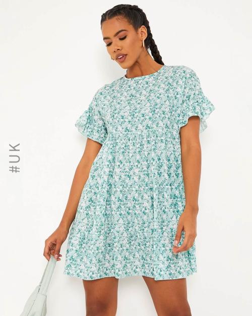 Floral Fit & Flare Dress with Ruffle Sleeves