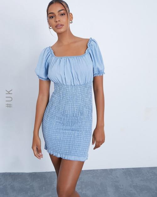 Shirred Square-Neck Bodycon Dress