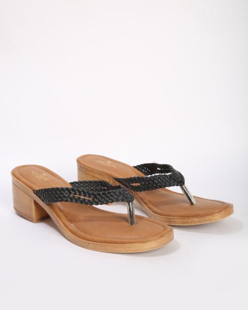 Braided Thong-Strap Chunky Heels