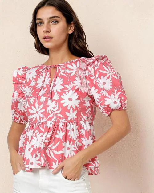 Floral Print Peplum Top with Ruffles