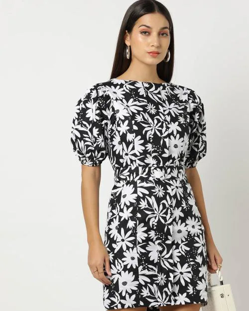 Floral Print Sheath Dress with Puff Sleeves