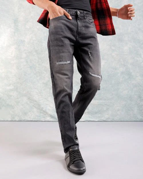 Mid-Wash Slim Jeans with Patch Work