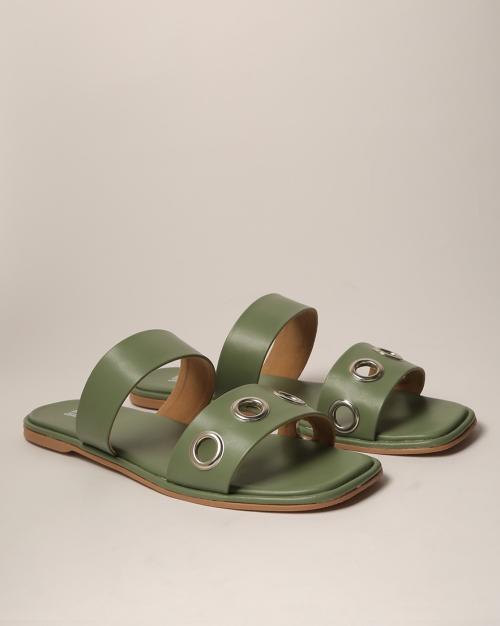 Strappy Slip-On Sandals with Metal Accent