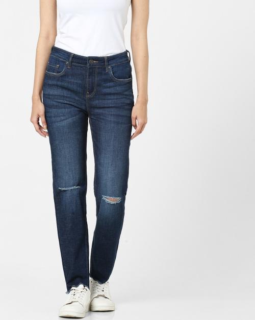 Lightly Washed Slim Fit Distressed Jeans