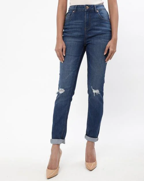 Lightly Washed Distressed Slim Jeans