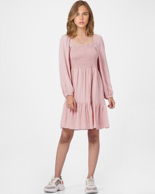 Textured Square-Neck Tiered Dress