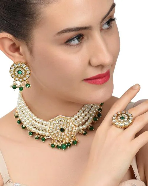 Multistrand Kundan Choker Necklace with Earrings & Ring Set - ZPFK11247