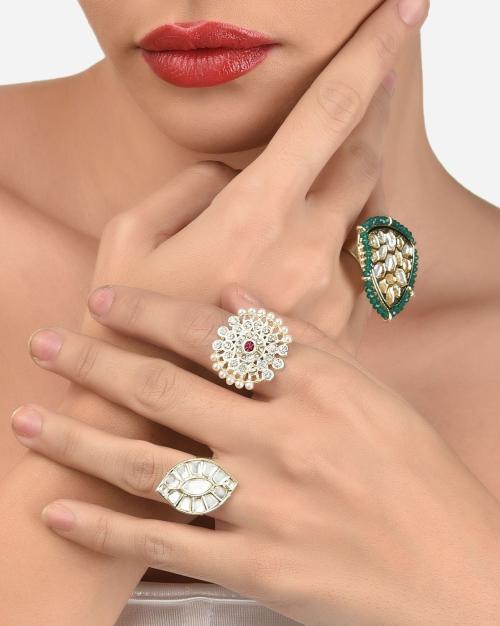 Set of 3 Traditional Kundan Adjustable Finger Rings - ZPFK12764