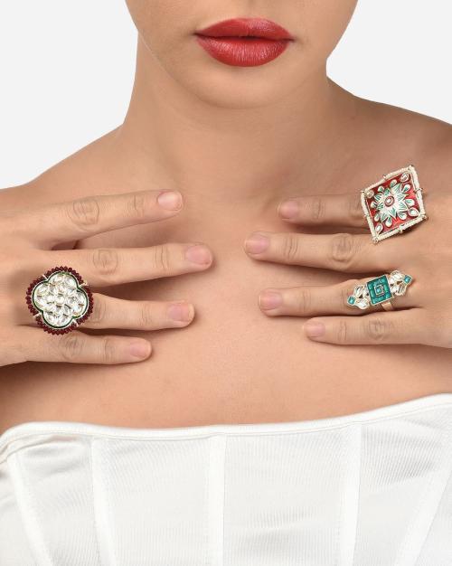 Set of 3 Traditional Kundan Cocktail Rings-ZPFK12769