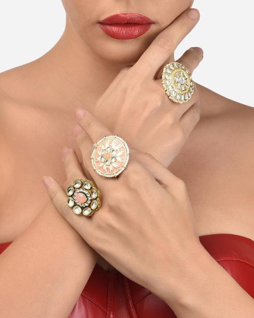 Set of 3 Traditional Kundan Cocktail Rings-ZPFK12771