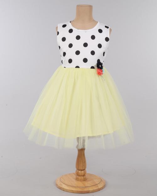 Polka-Dot Print Fit & Flare Dress with Floral Applique