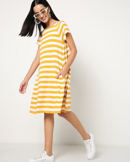 Striped Boat-Neck A-line Dress