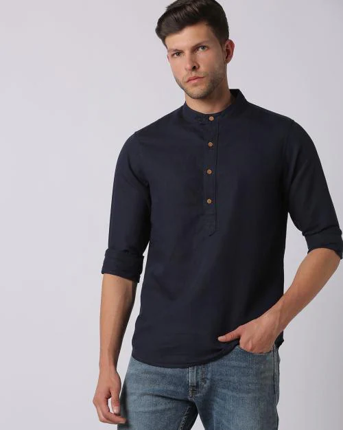 Men Slim Fit Popover Shirt with Extended Band Collar