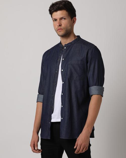 Buy Men Slim Fit BandCollar Shirt with Patch Pocket Online at Best