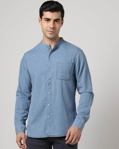 Buy Men Slim Fit BandCollar Shirt with Patch Pocket Online at Best