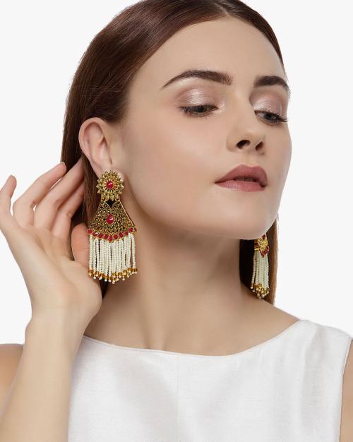Gold Toned Traditional Dangle Earrings-ZPFK13873