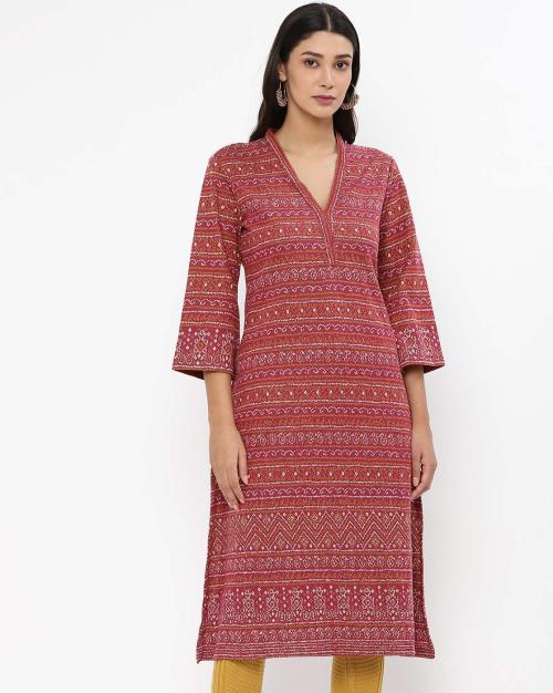 Printed V-neck Straight Kurta