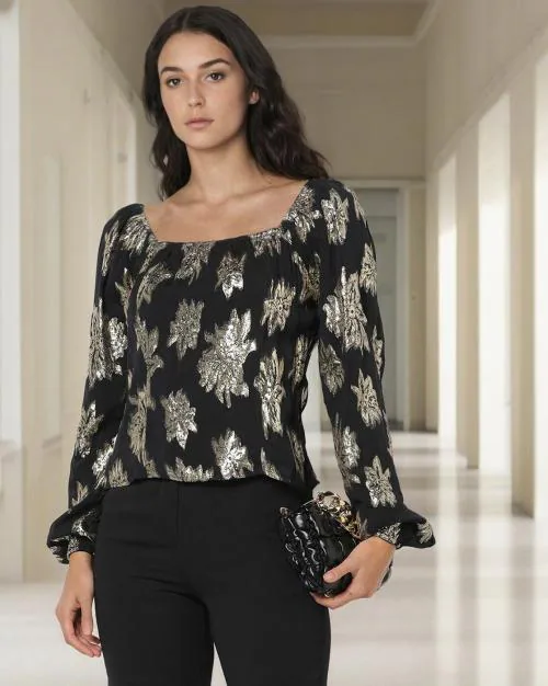 Women Floral Woven Jacquard Square-Neck Top