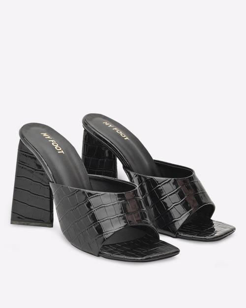 Croc-Embossed Sandals with Chunky Heels