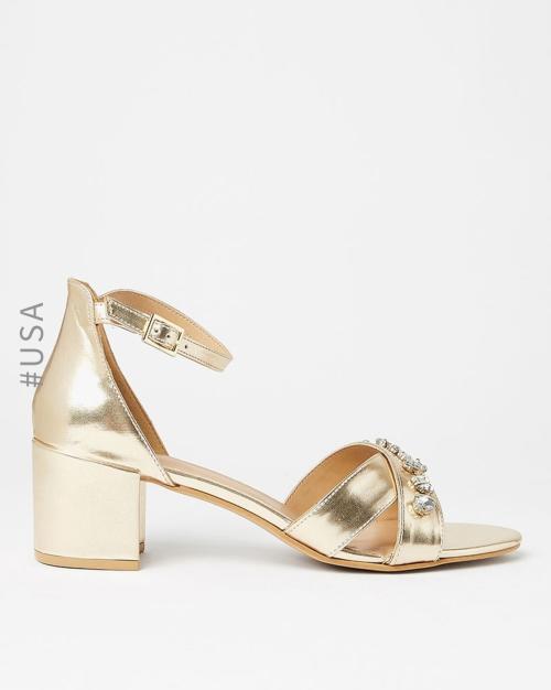 Embellished Block Heeled Sandals with Ankle Loop