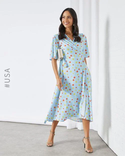Polka-Dot A-line Dress with Surplice Neck