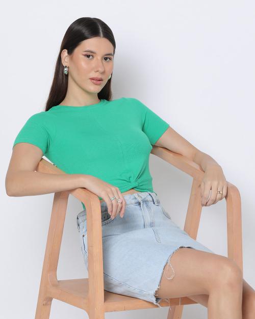 Ribbed Knot-Front Crop T-Shirt
