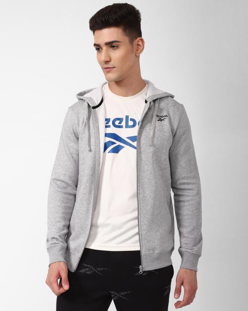 Men Zip-Front Regular Fit Hoodie with Brand Print