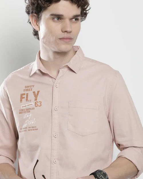 Typographic Print Shirt with Spread Collar